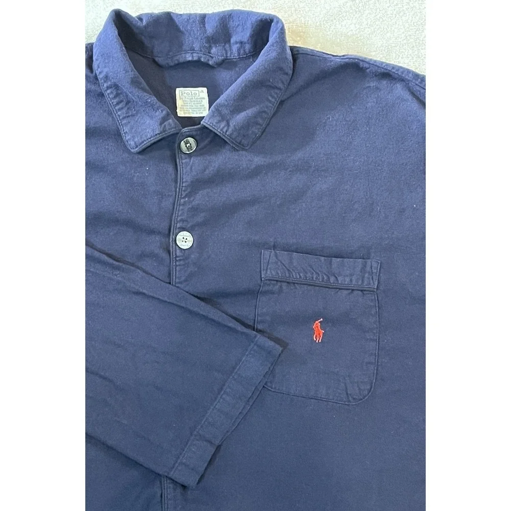 Vintage Polo Ralph Lauren Men's L/XL Navy Cotton Fleece Pajama Top Button Pony